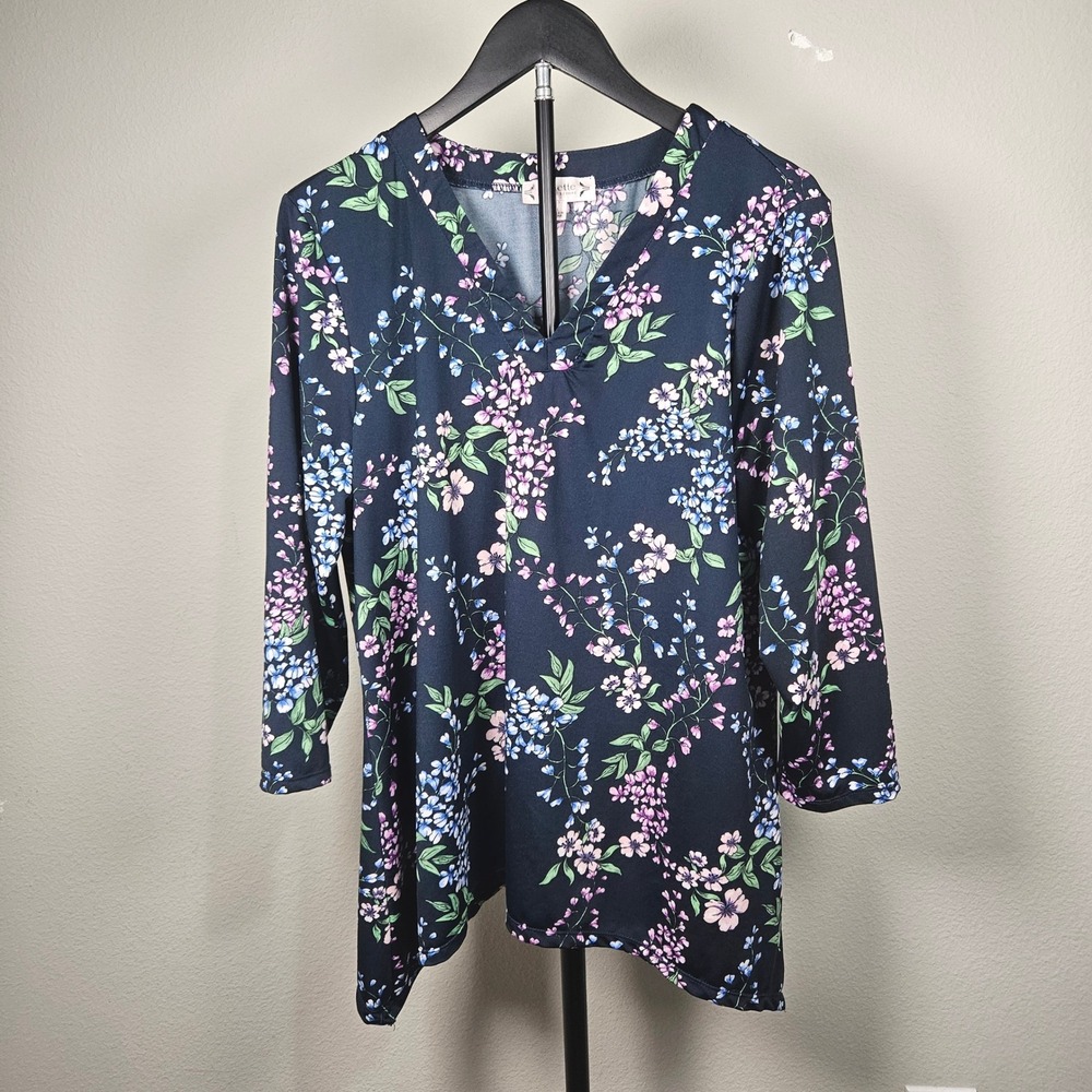 Nanette Lepore Tunic Women Large Navy Blue Floral Sharkbite Hem Boho Romantic